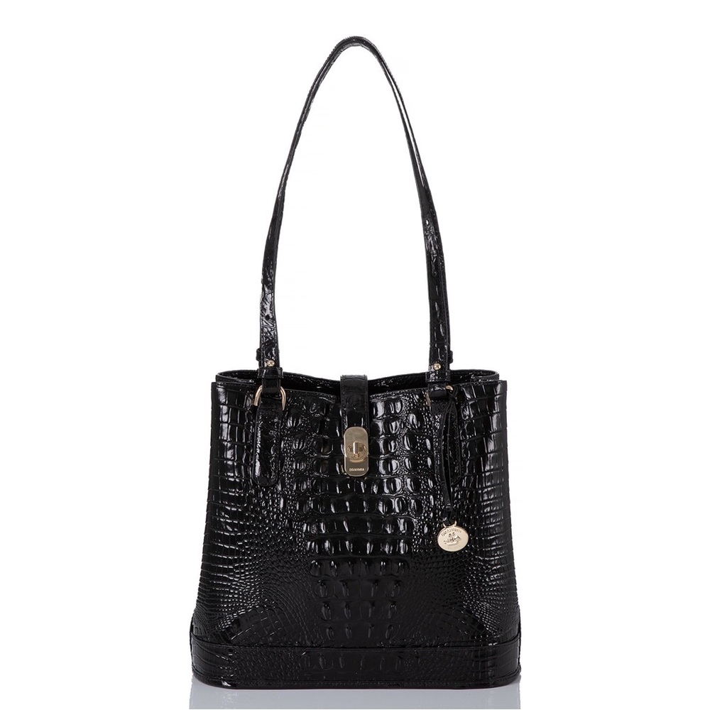 Brahmin Fiora Black elegant Crocodile-Embossed bucket bag gold hardware purse
